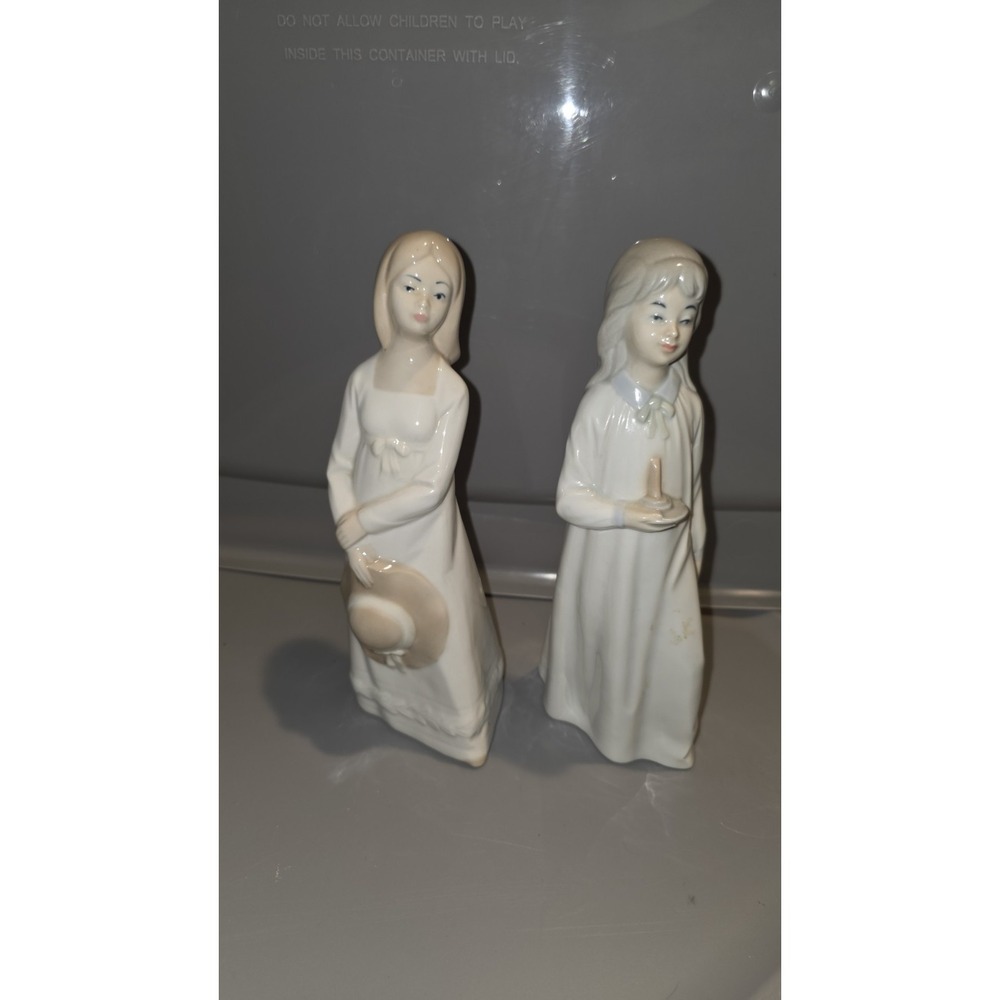 VTG SANGO Porcelanas Lady Girl Set Of 2 Hat & Candle Figurine Spain Lladró Style
